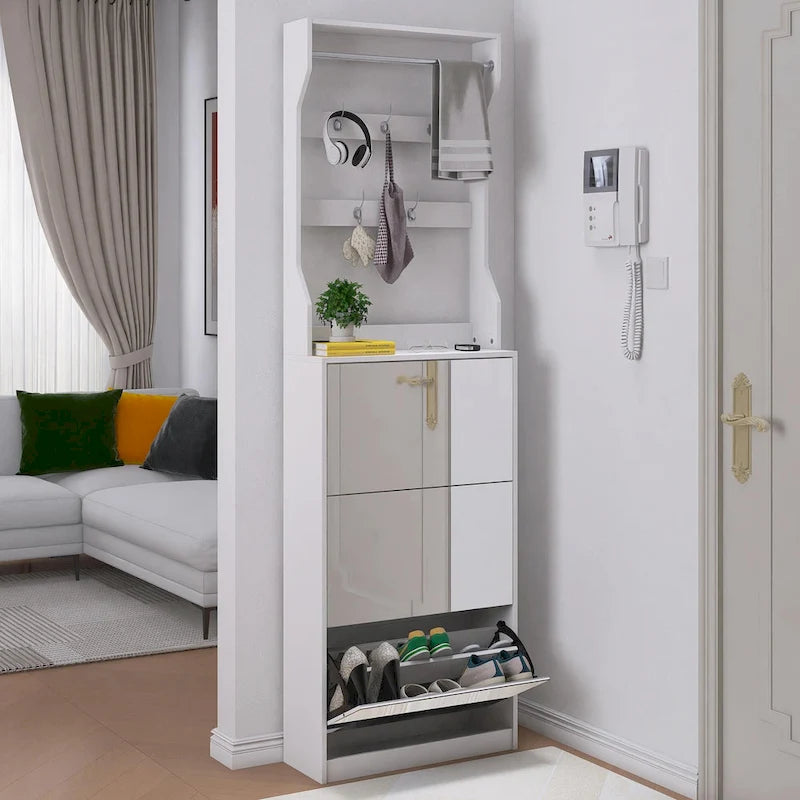 Mirror Shoe Cabinet With 3 Flip-Tier Drawers,Shoe Rack Organizer Store Ample Shoes,Hooks&Hangers For Organizing Clothes And Hats
