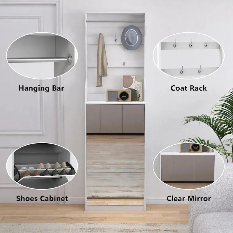 Mirror Shoe Cabinet With 3 Flip-Tier Drawers,Shoe Rack Organizer Store Ample Shoes,Hooks&Hangers For Organizing Clothes And Hats