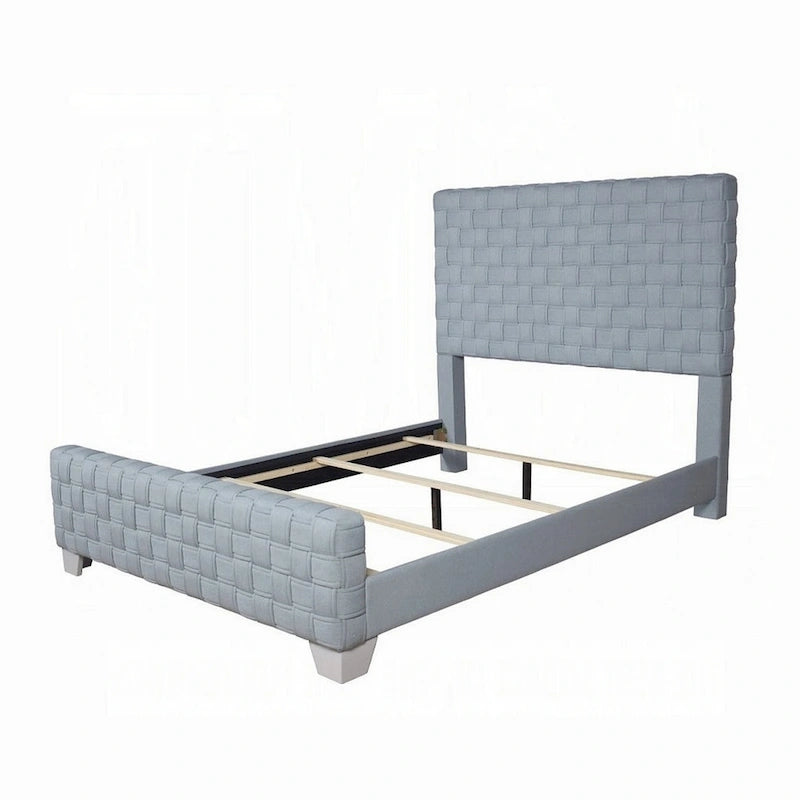 King Size Bed, Light Teal Blue Chenille, Gray Panel Headboard