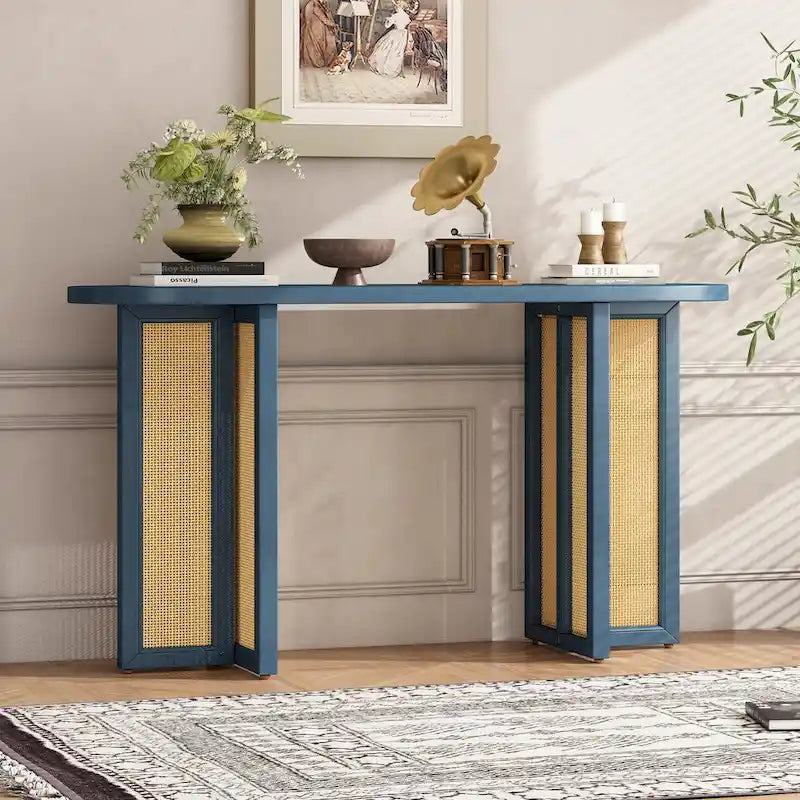 Farmhouse Rattan Console Table Entryway Table,Navy