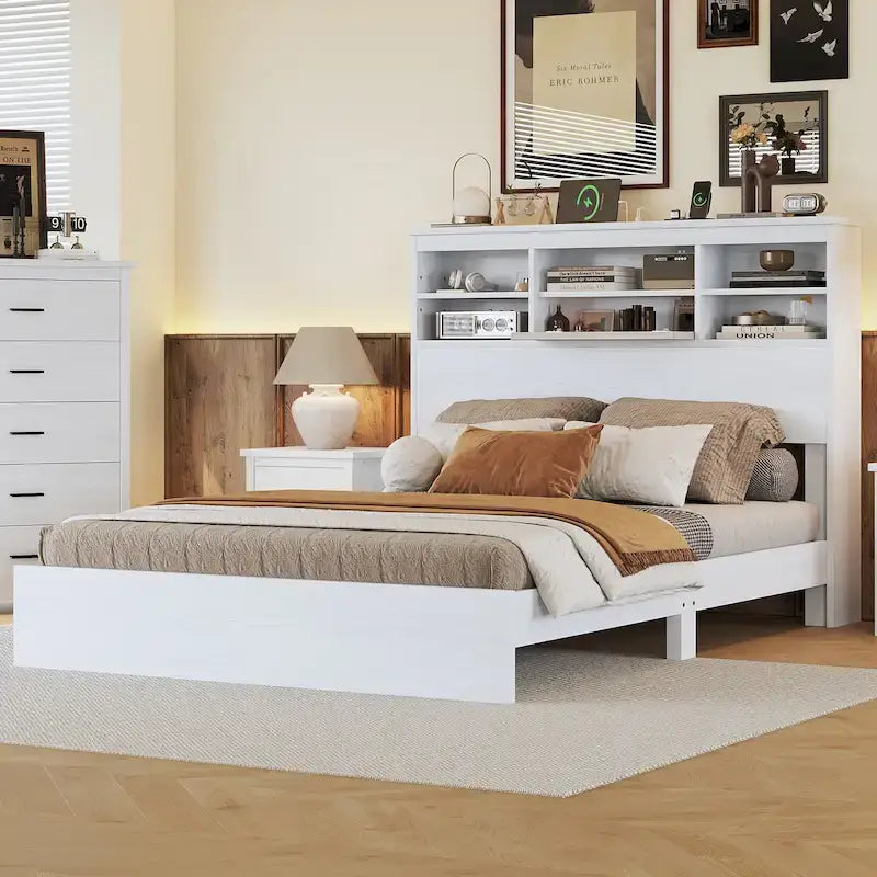FURNITURE DEMAIN Queen Size Vintage Platform Bed with Storage Headboard and Charging Station