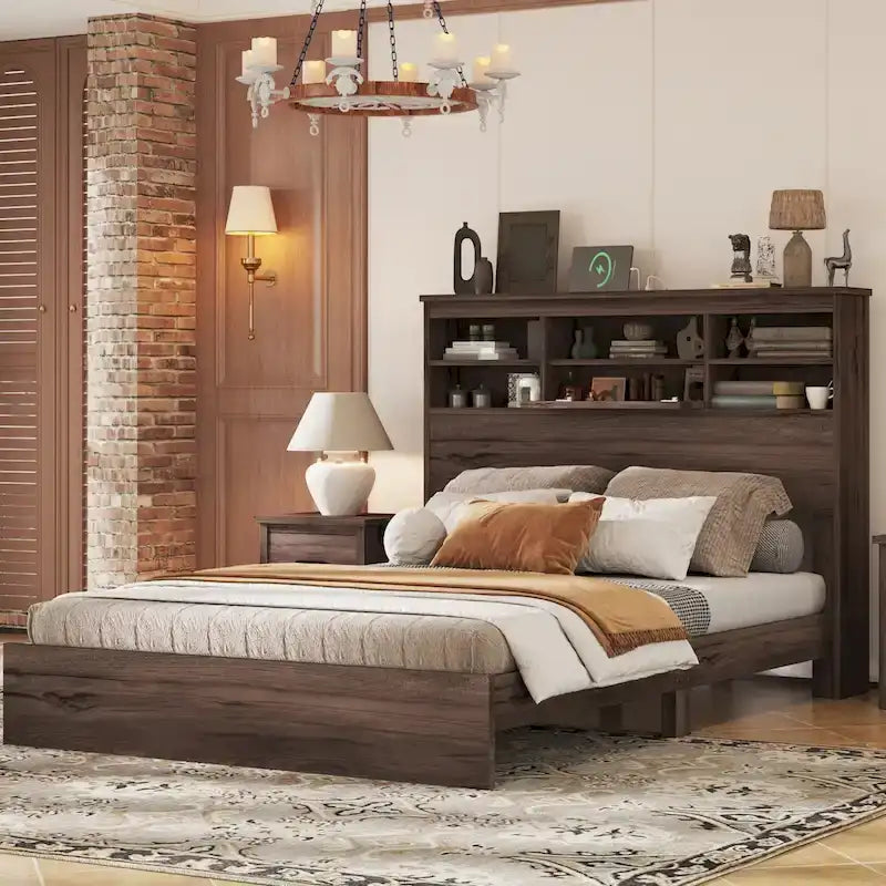 FURNITURE DEMAIN Queen Size Vintage Platform Bed with Storage Headboard and Charging Station