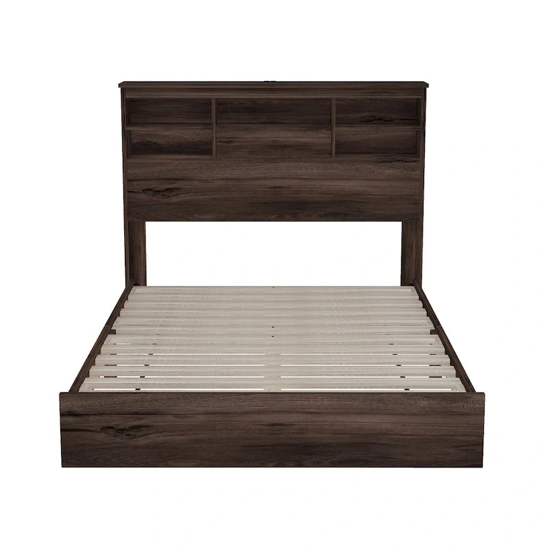 FURNITURE DEMAIN Queen Size Vintage Platform Bed with Storage Headboard and Charging Station