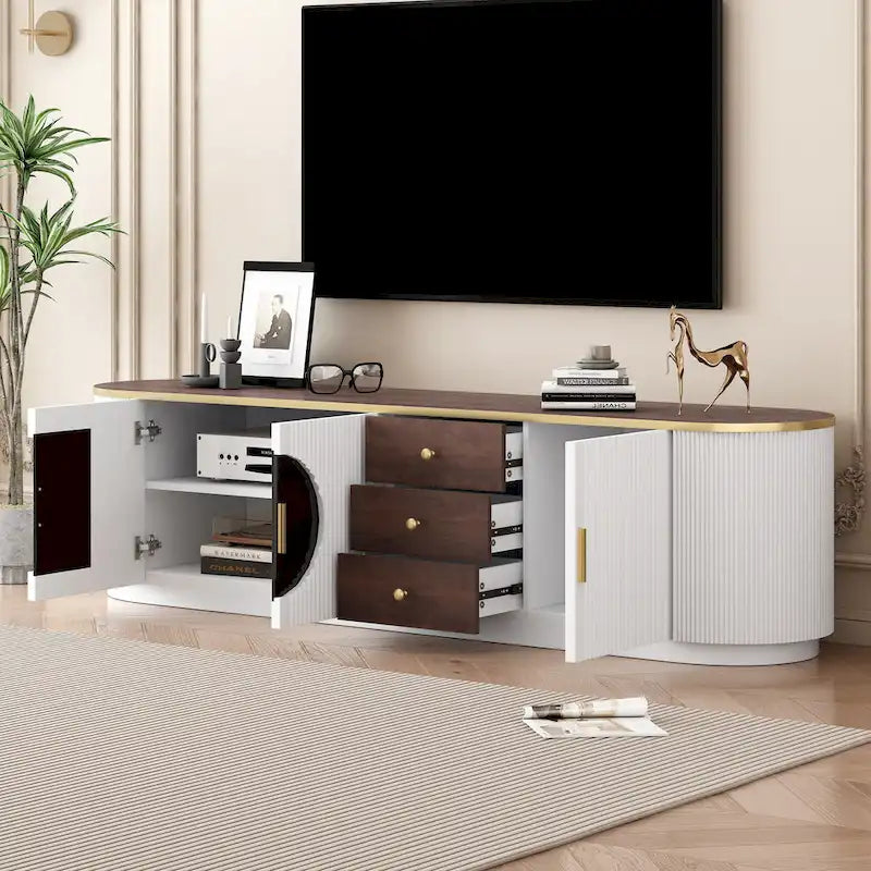 70.8 Floor Curved Storage TV Stand with 3 Drawers 3-Door Decorative TV Cabinet for TVs up to 80 Media Console Table