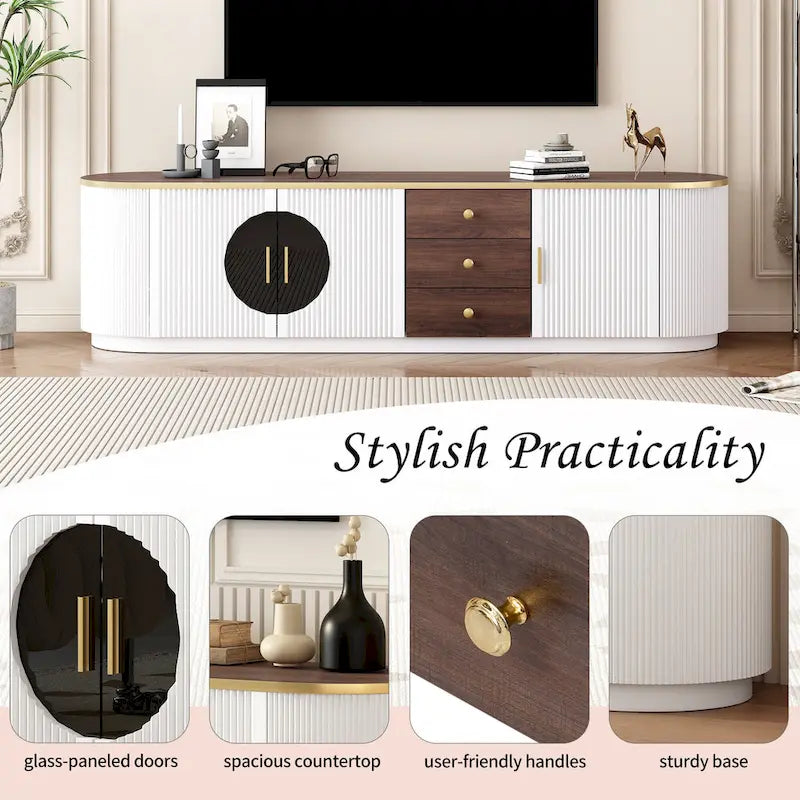 70.8 Floor Curved Storage TV Stand with 3 Drawers 3-Door Decorative TV Cabinet for TVs up to 80 Media Console Table