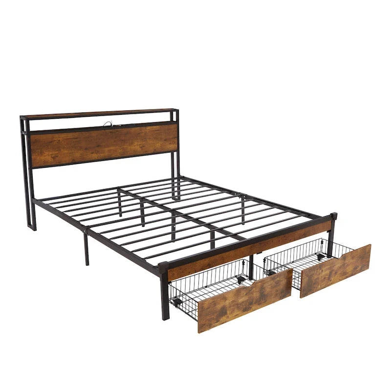 King Size Metal Platform Bed with LED Lights,Wooden Headboard and Two Drawers for Bedroom