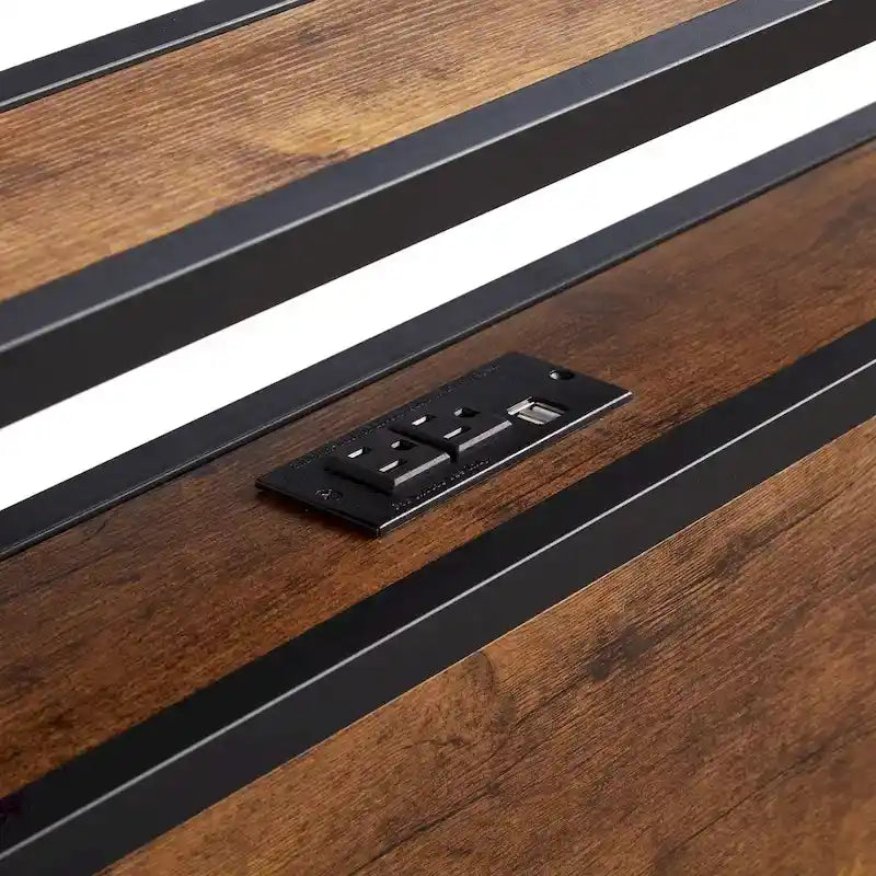 King Size Metal Platform Bed with LED Lights,Wooden Headboard and Two Drawers for Bedroom