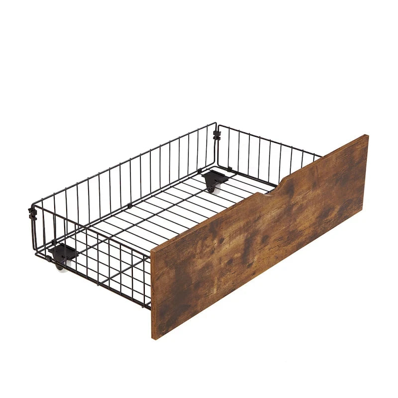 King Size Metal Platform Bed with LED Lights,Wooden Headboard and Two Drawers for Bedroom