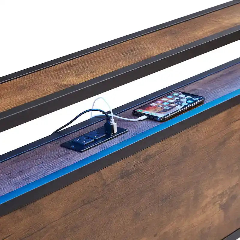 King Size Metal Platform Bed with LED Lights,Wooden Headboard and Two Drawers for Bedroom