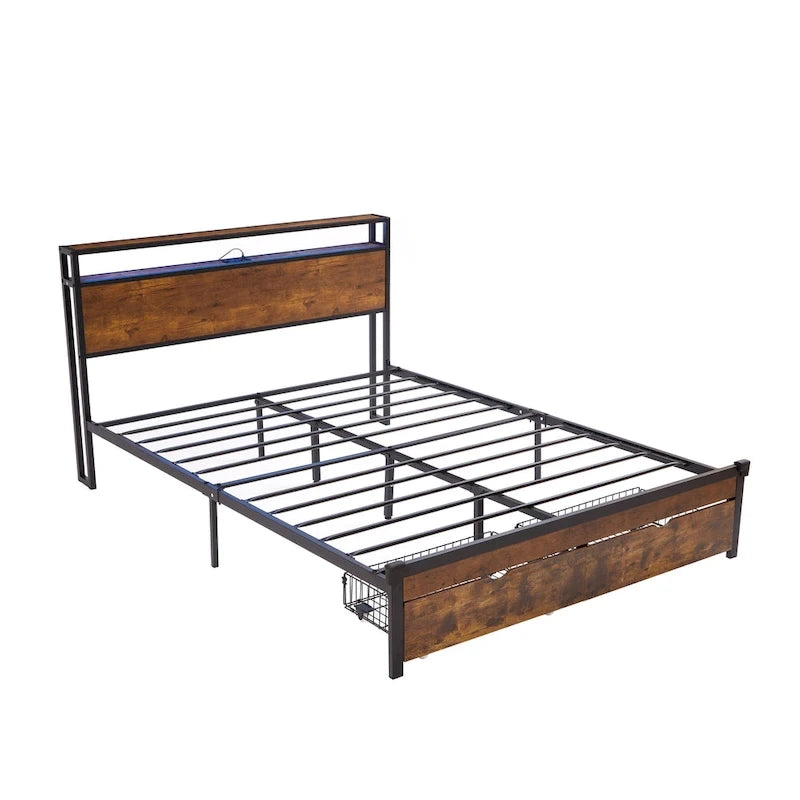 King Size Metal Platform Bed with LED Lights,Wooden Headboard and Two Drawers for Bedroom