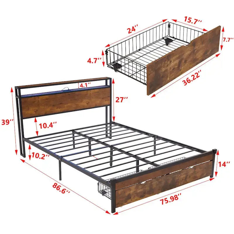 King Size Metal Platform Bed with LED Lights,Wooden Headboard and Two Drawers for Bedroom