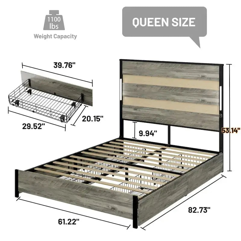 Queen Size Metal Platform Bed with Charging Station and 4 Drawers