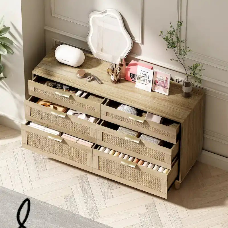 Rattan 6-Drawer Double Dresser with Metal Handle, Wood Legs, Clothes Storage Cabinet for Bedroom