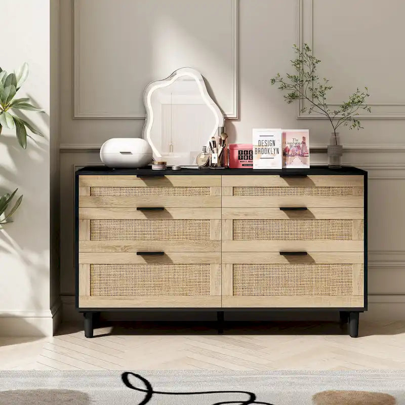 Rattan 6-Drawer Double Dresser with Metal Handle, Wood Legs, Clothes Storage Cabinet for Bedroom