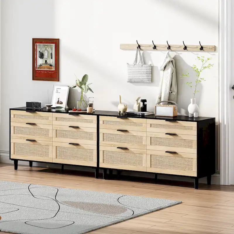 Rattan 6-Drawer Double Dresser with Metal Handle, Wood Legs, Clothes Storage Cabinet for Bedroom