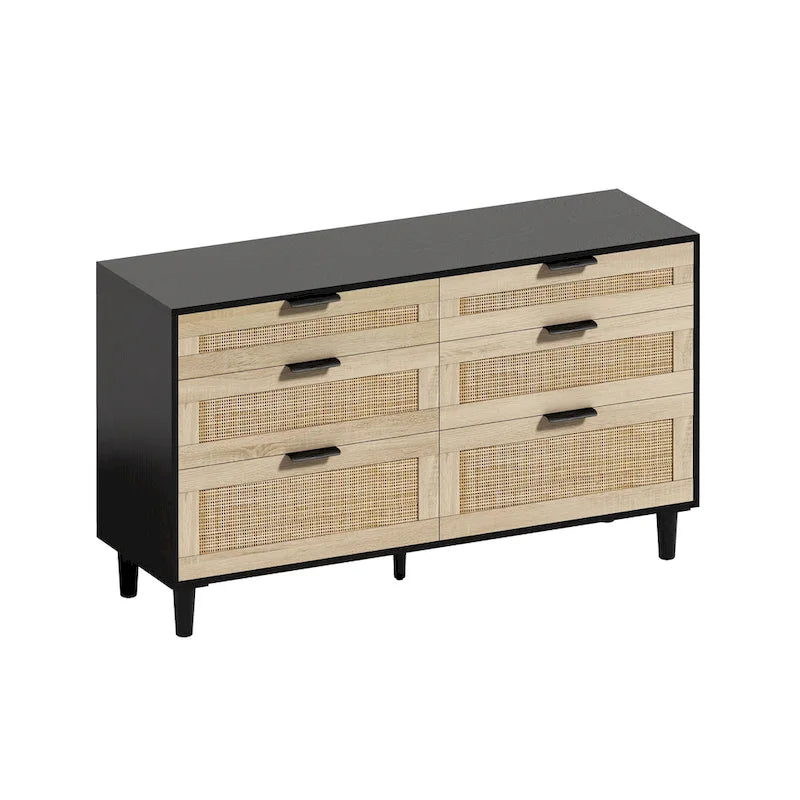 Rattan 6-Drawer Double Dresser with Metal Handle, Wood Legs, Clothes Storage Cabinet for Bedroom