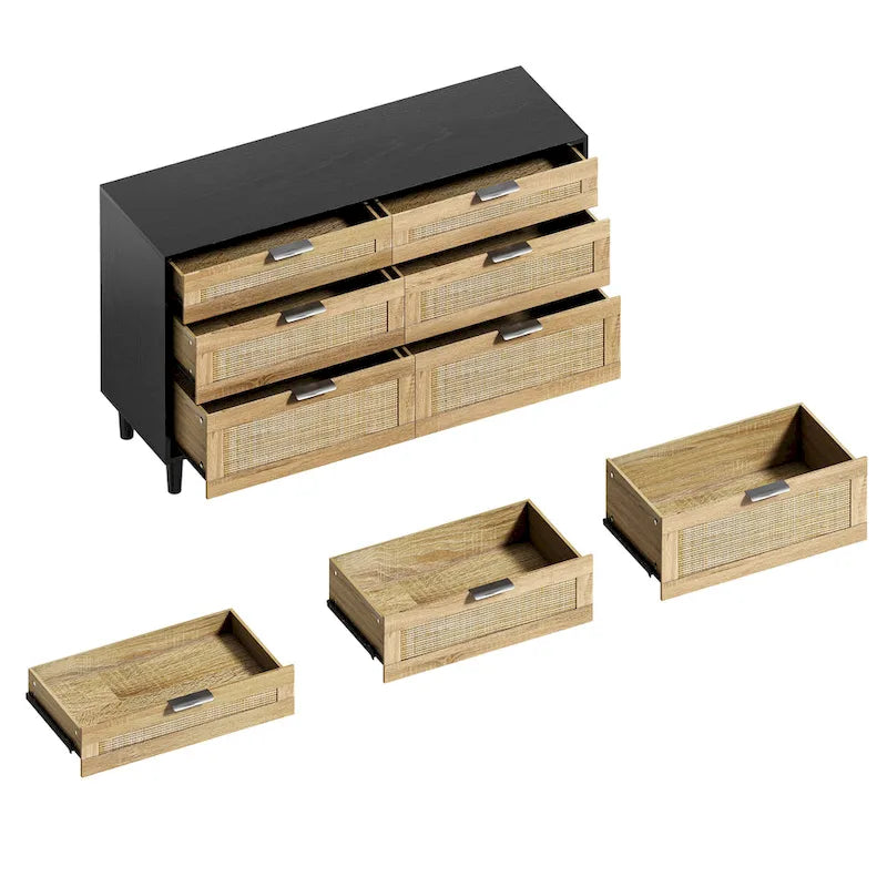 Rattan 6-Drawer Double Dresser with Metal Handle, Wood Legs, Clothes Storage Cabinet for Bedroom