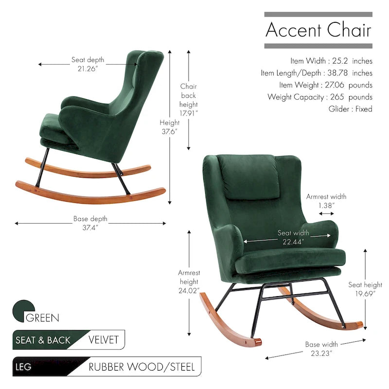 Rocking Accent Chair, Velvet, Rubber Wood and Steel Legs