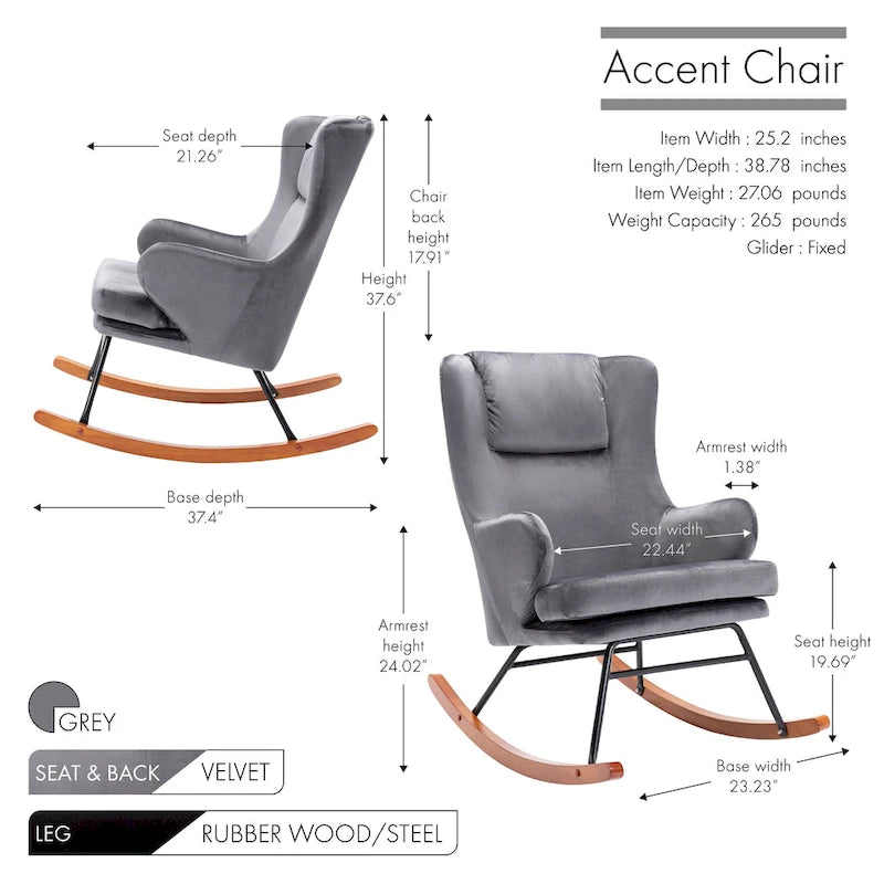 Rocking Accent Chair, Velvet, Rubber Wood and Steel Legs