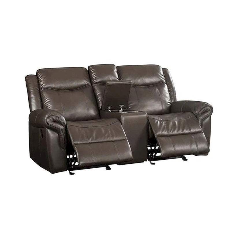 Leather Motion Loveseat with Console and USB Port in Brown