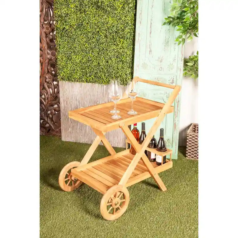 Teak Wood Indoor Outdoor Rolling 2 Shelves Bar Cart with Wheels and Handle - Brown - 21W x 32L x 32H