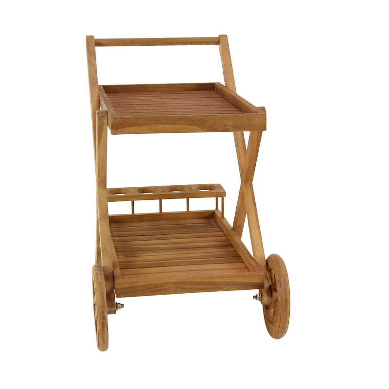 Teak Wood Indoor Outdoor Rolling 2 Shelves Bar Cart with Wheels and Handle - Brown - 21W x 32L x 32H