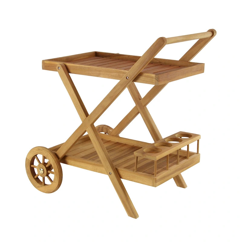 Teak Wood Indoor Outdoor Rolling 2 Shelves Bar Cart with Wheels and Handle - Brown - 21W x 32L x 32H