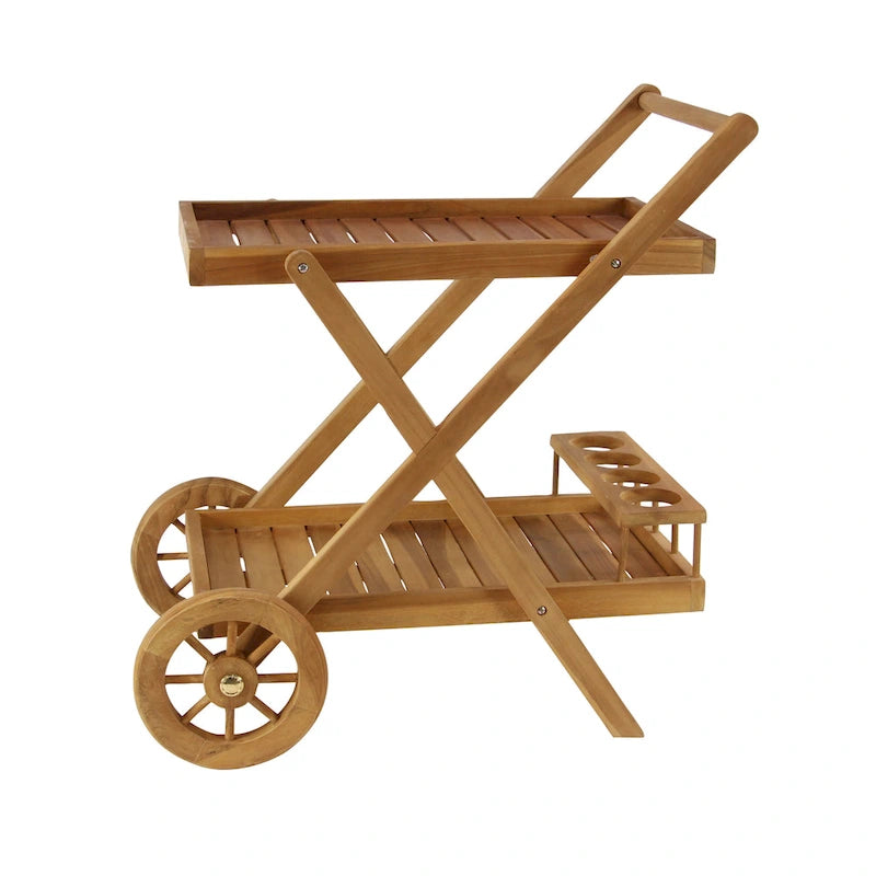 Teak Wood Indoor Outdoor Rolling 2 Shelves Bar Cart with Wheels and Handle - Brown - 21W x 32L x 32H