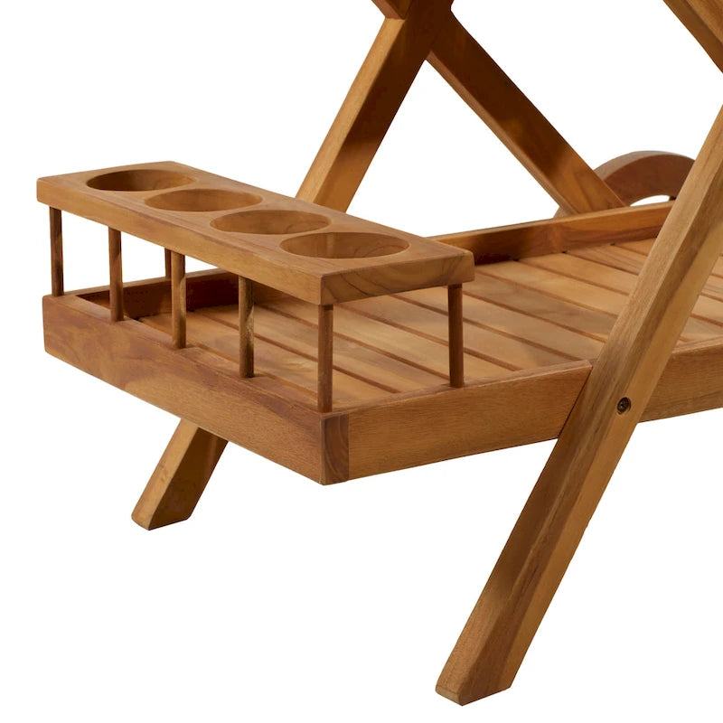 Teak Wood Indoor Outdoor Rolling 2 Shelves Bar Cart with Wheels and Handle - Brown - 21W x 32L x 32H