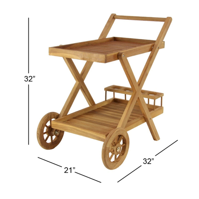 Teak Wood Indoor Outdoor Rolling 2 Shelves Bar Cart with Wheels and Handle - Brown - 21W x 32L x 32H
