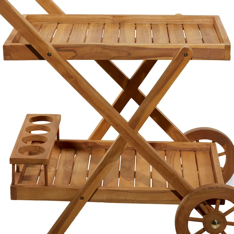 Teak Wood Indoor Outdoor Rolling 2 Shelves Bar Cart with Wheels and Handle - Brown - 21W x 32L x 32H
