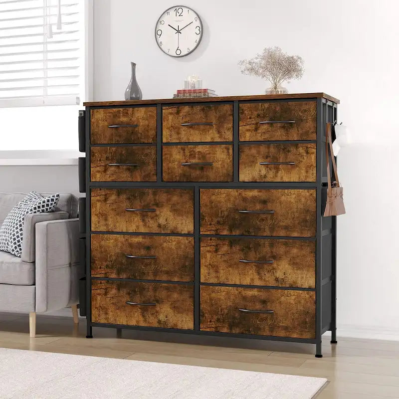 12 Drawer Dresser for Bedroom,Tall Fabric Dresser with Side Pockets and Hooks