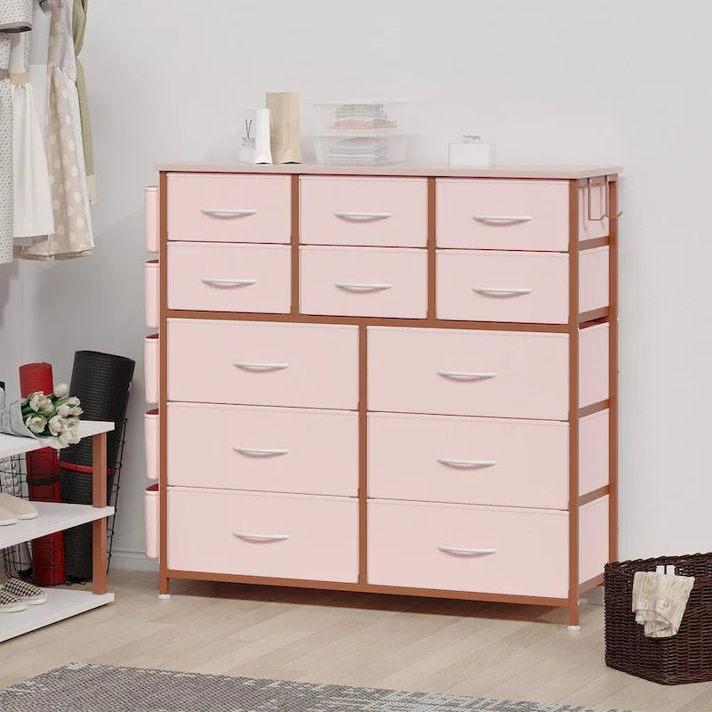 12 Drawer Dresser for Bedroom,Tall Fabric Dresser with Side Pockets and Hooks