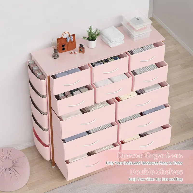 12 Drawer Dresser for Bedroom,Tall Fabric Dresser with Side Pockets and Hooks