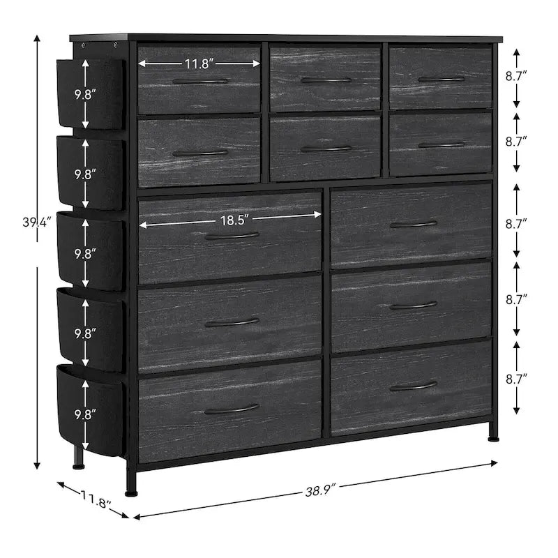 12 Drawer Dresser for Bedroom,Tall Fabric Dresser with Side Pockets and Hooks