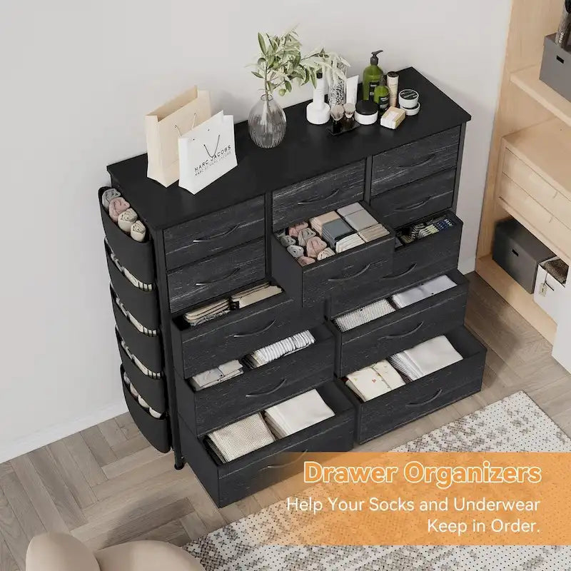 12 Drawer Dresser for Bedroom,Tall Fabric Dresser with Side Pockets and Hooks