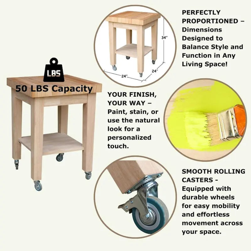 Unfinished Solid Parawood Kitchen Island Cart