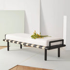 Teak Bench with Leather and Linen-Blend Cushion - 70 In W x 26 In D x 19 In H
