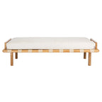 Teak Bench with Leather and Linen-Blend Cushion - 70 In W x 26 In D x 19 In H