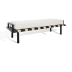 Teak Bench with Leather and Linen-Blend Cushion - 70 In W x 26 In D x 19 In H
