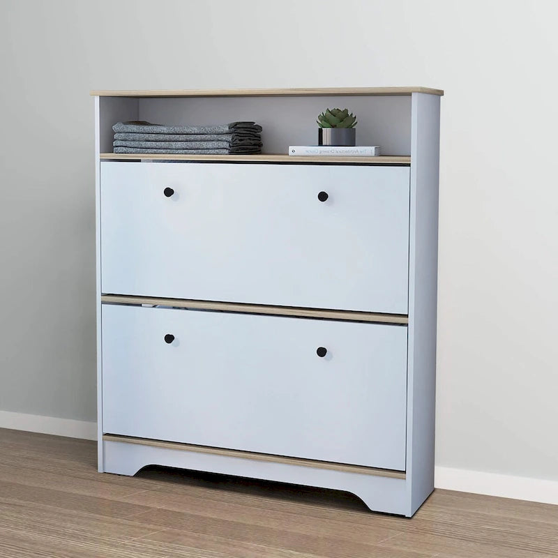 Wooden Shoe Storage Cabinet with 2 Flip Drawers and a Top Shelf