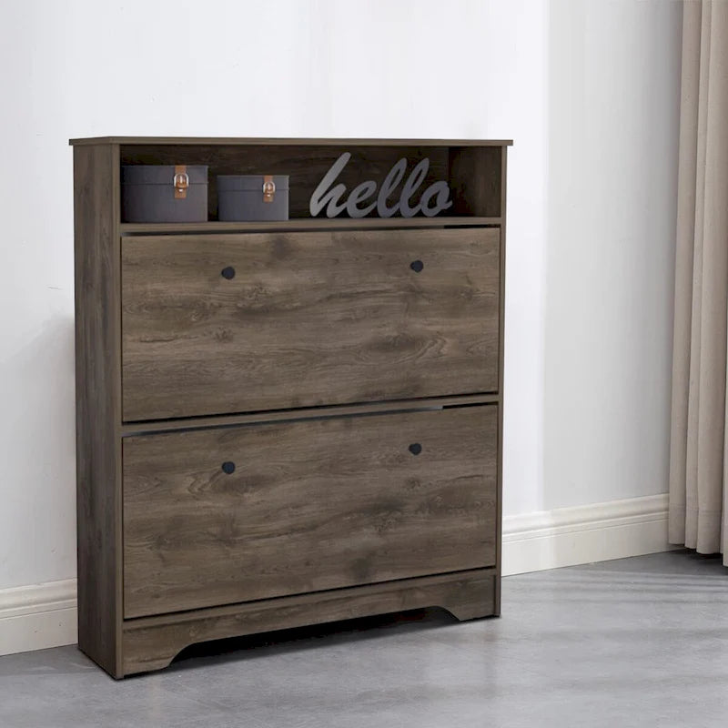 Wooden Shoe Storage Cabinet with 2 Flip Drawers and a Top Shelf