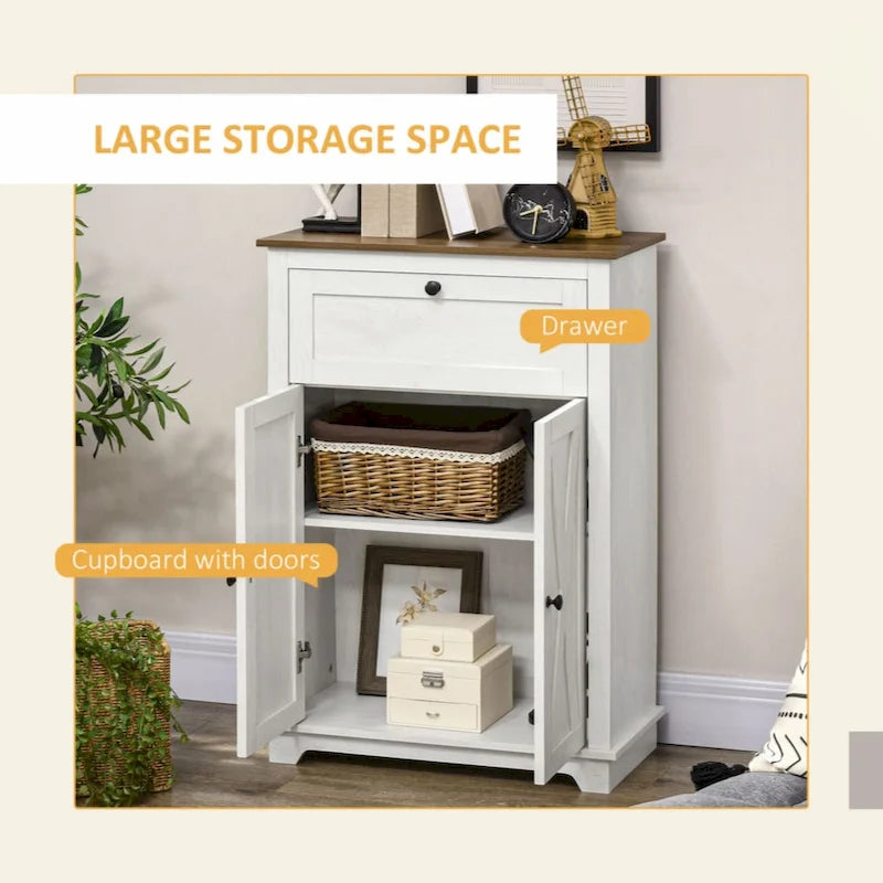 Farmhouse Barn Door Accent Cabinet, Kitchen Sideboard Storage Cabinet with Double Doors, Drawer,White