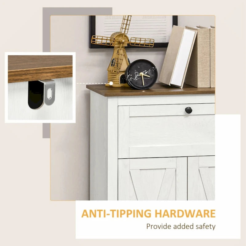 Farmhouse Barn Door Accent Cabinet, Kitchen Sideboard Storage Cabinet with Double Doors, Drawer,White