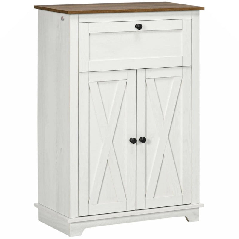Farmhouse Barn Door Accent Cabinet, Kitchen Sideboard Storage Cabinet with Double Doors, Drawer,White