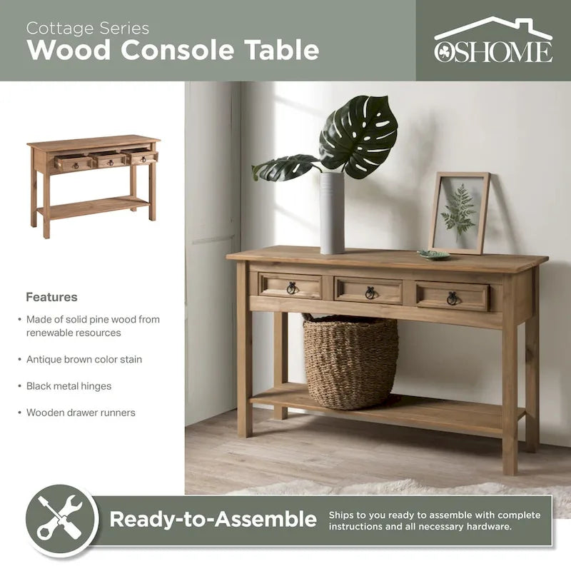 OS Home and Office Furniture Model Series Wood Three Drawer Hall Table Console in Corona Brown