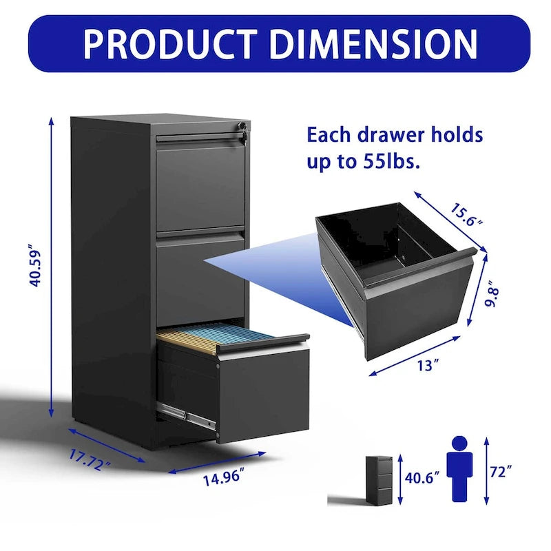 3-Drawers 14.96 W Metal Vertical File Cabinet with Lock Office Home Vertical File Cabinet for A4 / Size