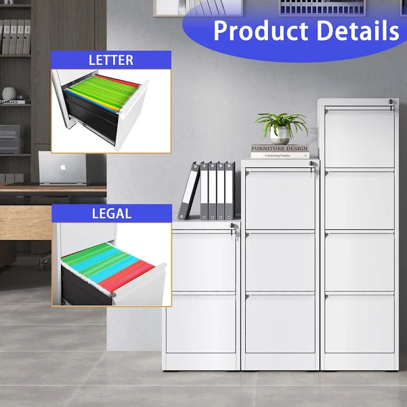 3-Drawers 14.96 W Metal Vertical File Cabinet with Lock Office Home Vertical File Cabinet for A4 / Size