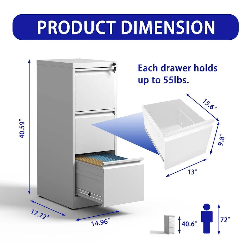 3-Drawers 14.96 W Metal Vertical File Cabinet with Lock Office Home Vertical File Cabinet for A4 / Size