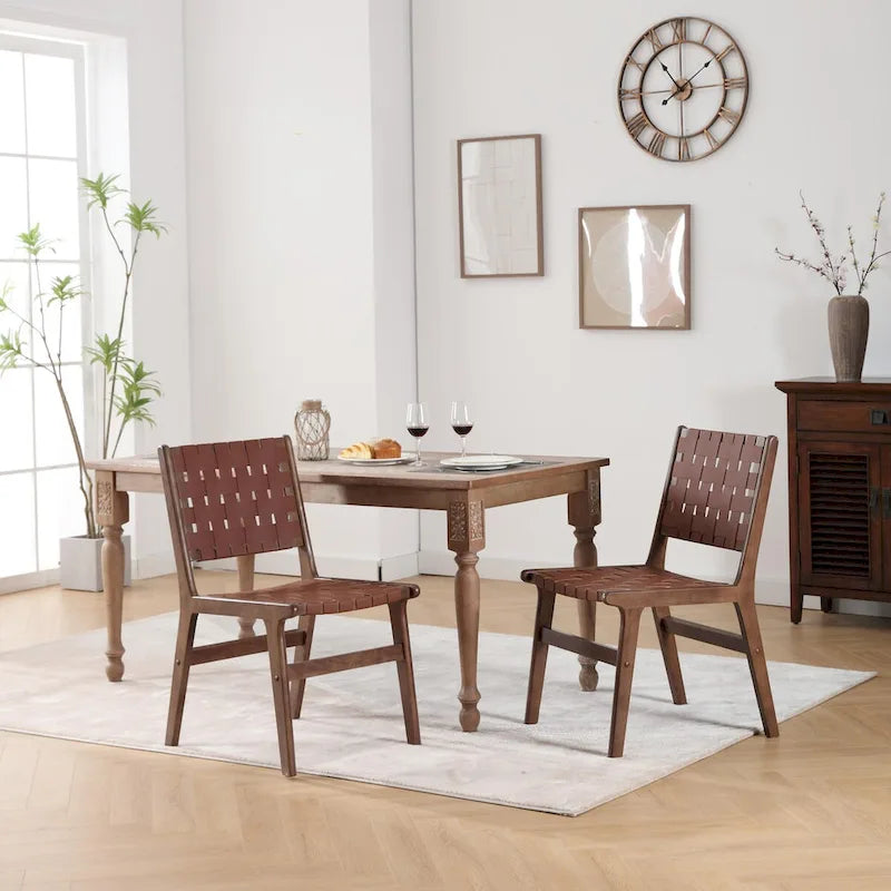 Saddle leather woven dining chair, solid wood legs, suitable for dining room and living room